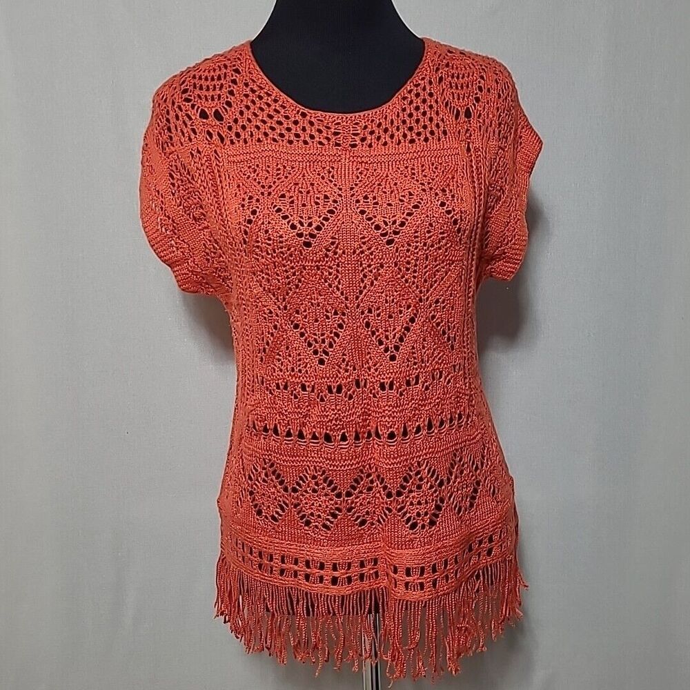 Chicos Crochet Sweater 0 XS X Small Orange Fringe Pullover Linen Blend